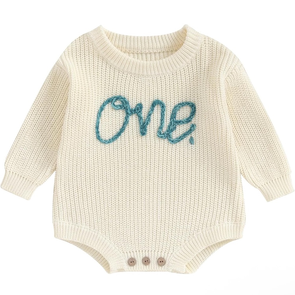 Gender Neutral Beige Knit “One” Baby One Piece (NWOT) 12 MONTH